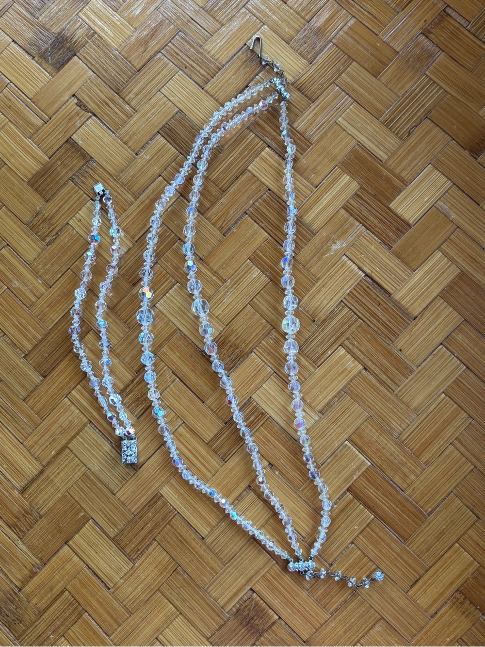 Vintage AB Crystal Necklace Bracelet Set Triple Strand Faceted Beads Bridal - Picture 2 of 10